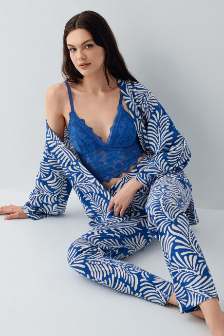 Arnetta Kadın Gömlek Yaka Baskılı Yazlık Regular Fit Mavi Pijama Takımı AR3608-S-V3