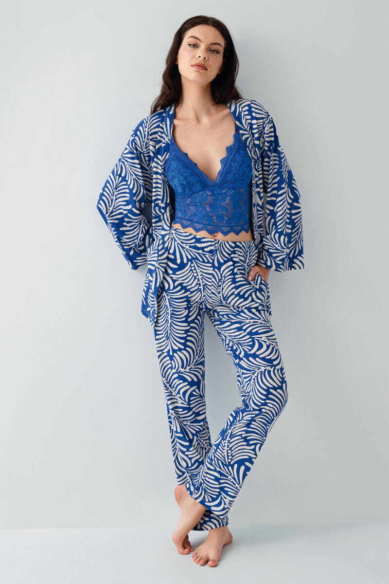 Arnetta Kadın Pamuklu Gömlek Yaka Baskılı Yazlık Regular Fit Mavi Pijama Takımı AR3608-S-V3 - 2
