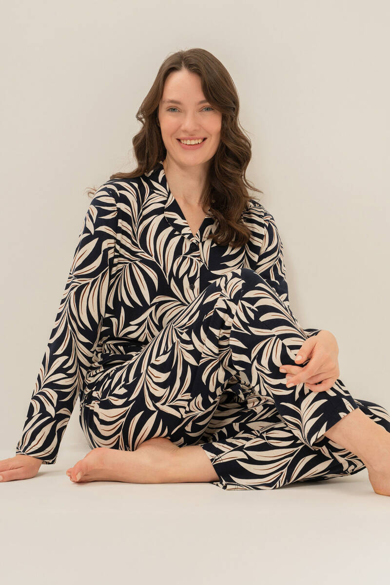 Arnetta Kadın Pamuklu Lacivert Çiçek Desenli Gömlek Pijama Takımı AR3739-S-V1 - 1