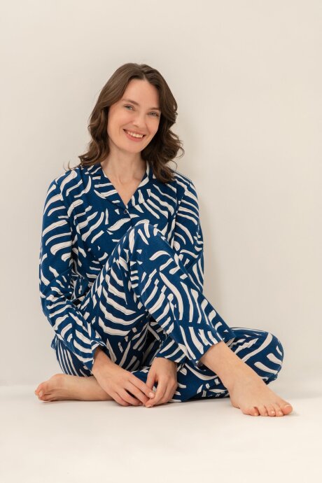 Arnetta Kadın Pamuklu Lacivert Desenli Gömlek Pijama Takımı AR3766-S-V1
