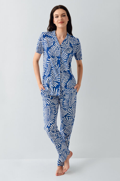 Arnetta Kadın Pamuklu Gömlek Yaka Baskılı Yazlık Regular Fit Mavi Pijama Takımı AR3607-S-V3 - 2