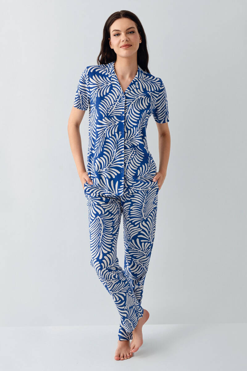 Arnetta Kadın Pamuklu Gömlek Yaka Baskılı Yazlık Regular Fit Mavi Pijama Takımı AR3607-S-V3 - 2
