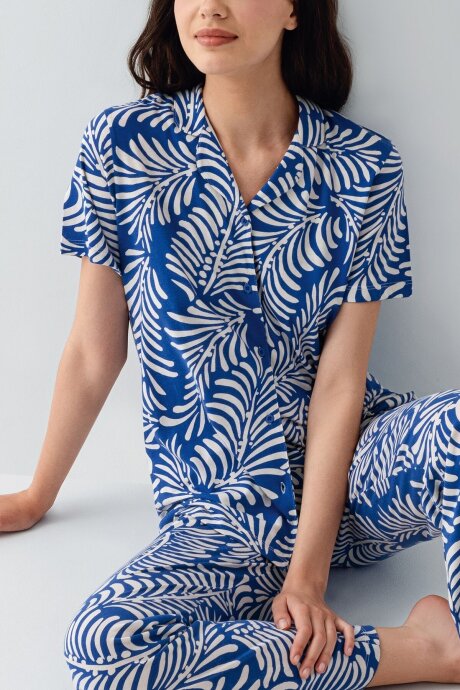 Arnetta Kadın Pamuklu Gömlek Yaka Baskılı Yazlık Regular Fit Mavi Pijama Takımı AR3607-S-V3 - 3