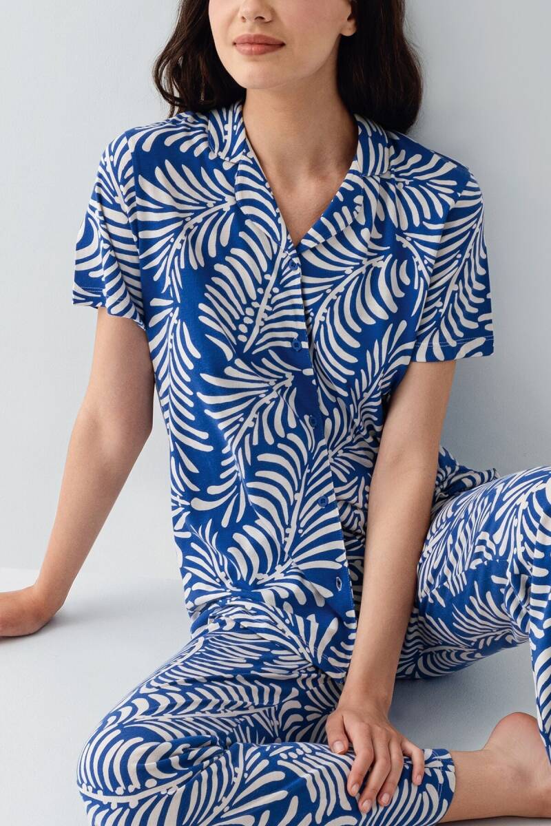 Arnetta Kadın Pamuklu Gömlek Yaka Baskılı Yazlık Regular Fit Mavi Pijama Takımı AR3607-S-V3 - 3