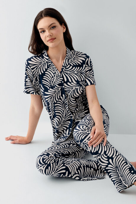 Arnetta Kadın Pamuklu Gömlek Yaka Baskılı Yazlık Regular Fit Lacivert Pijama Takımı AR3607-S-V2 