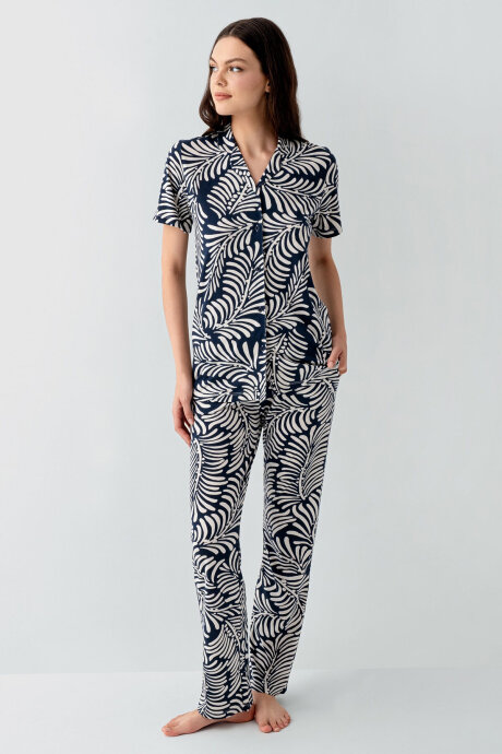 Arnetta Kadın Pamuklu Gömlek Yaka Baskılı Yazlık Regular Fit Lacivert Pijama Takımı AR3607-S-V2 - 2