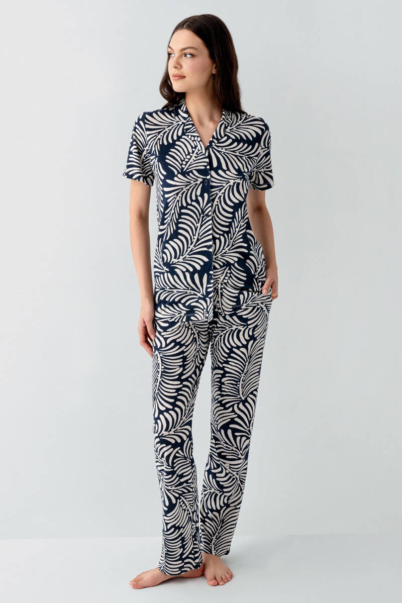Arnetta Kadın Pamuklu Gömlek Yaka Baskılı Yazlık Regular Fit Lacivert Pijama Takımı AR3607-S-V2 - 2