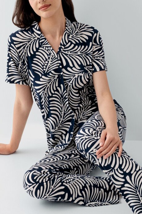 Arnetta Kadın Pamuklu Gömlek Yaka Baskılı Yazlık Regular Fit Lacivert Pijama Takımı AR3607-S-V2 - 3