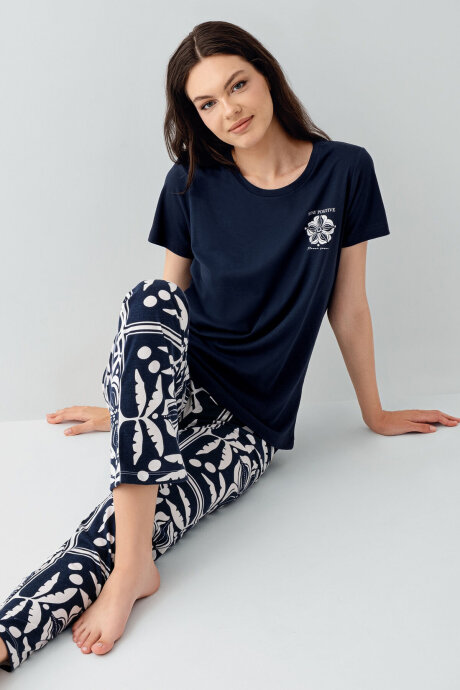 Arnetta Kadın Bisiklet Yaka Baskılı Yazlık Regular Fit Lacivert Pijama Takımı AR3565-S-V1