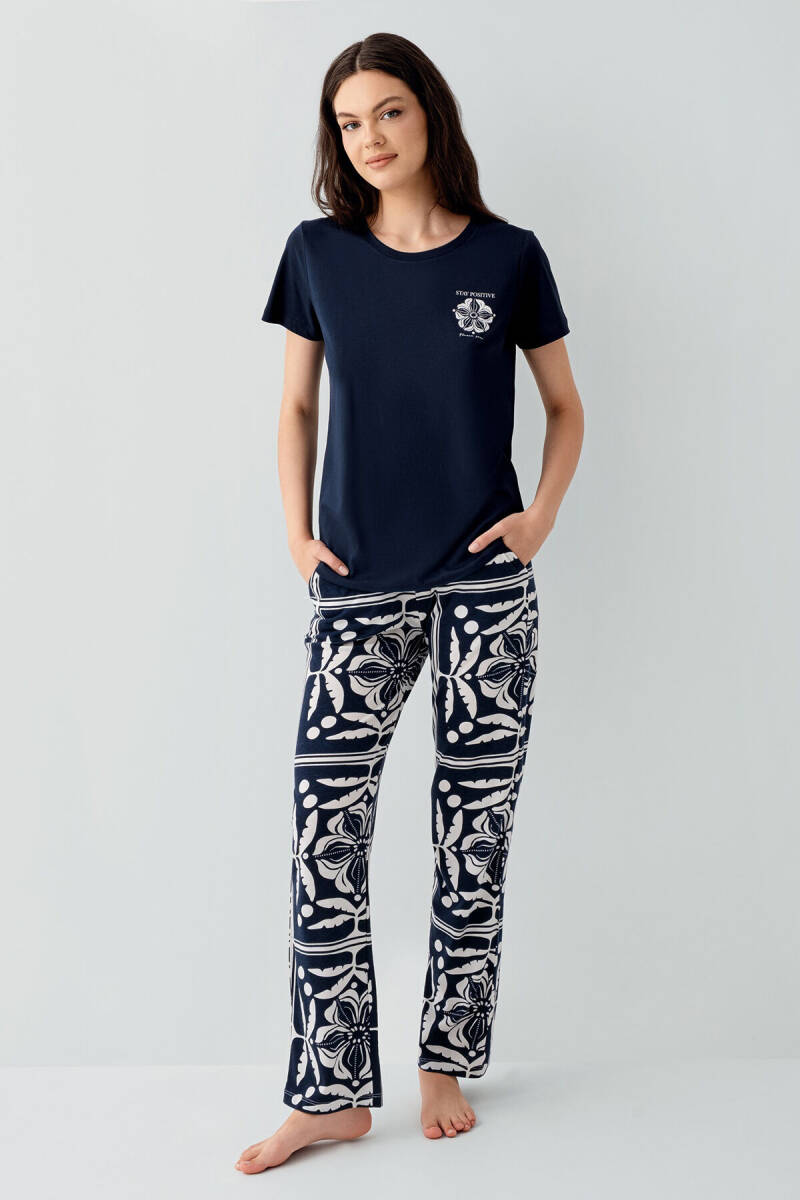 Arnetta Kadın Bisiklet Yaka Baskılı Yazlık Regular Fit Lacivert Pijama Takımı AR3565-S-V1 - 2
