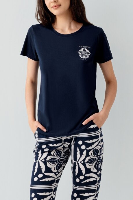 Arnetta Kadın Bisiklet Yaka Baskılı Yazlık Regular Fit Lacivert Pijama Takımı AR3565-S-V1 - 3
