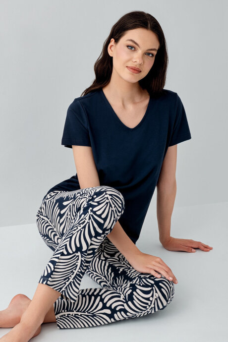 Arnetta Kadın V Yaka Baskısız Yazlık Regular Fit Lacivert Pijama Takımı AR3605-S-V2