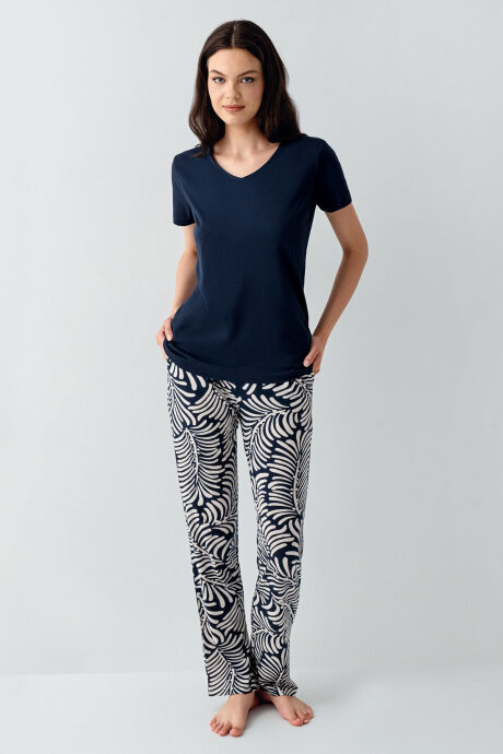 Arnetta Kadın V Yaka Baskısız Yazlık Regular Fit Lacivert Pijama Takımı AR3605-S-V2 (1)