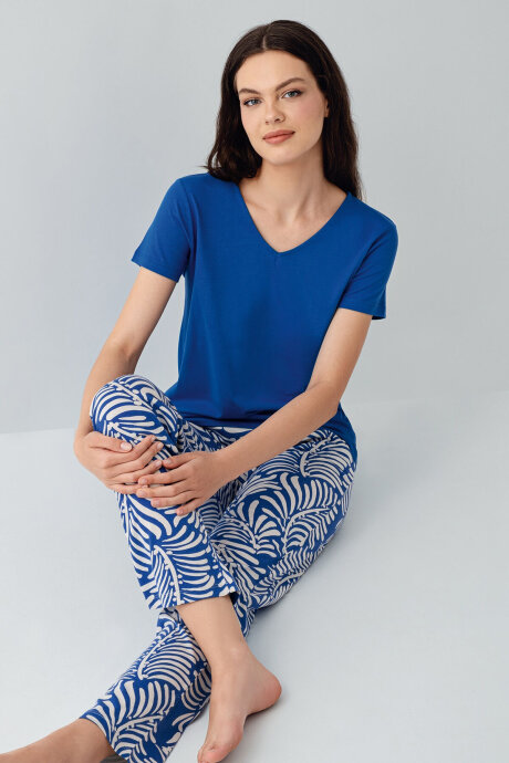 Arnetta Kadın V Yaka Baskısız Yazlık Regular Fit Mavi Pijama Takımı AR3605-S-V3