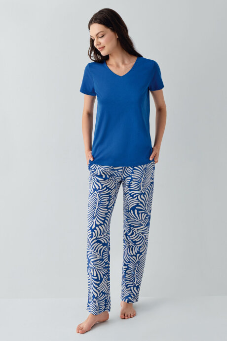 Arnetta Kadın V Yaka Baskısız Yazlık Regular Fit Mavi Pijama Takımı AR3605-S-V3 (1)