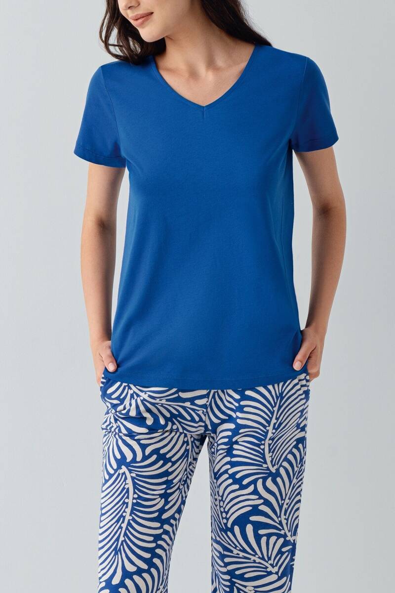 Arnetta Kadın V Yaka Baskısız Yazlık Regular Fit Mavi Pijama Takımı AR3605-S-V3 - 3