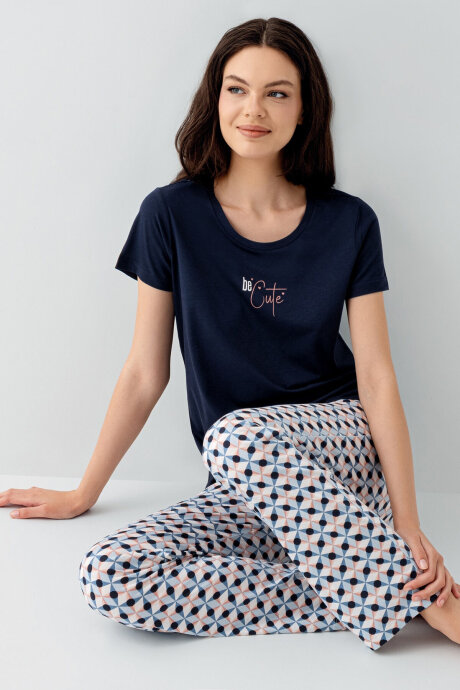 Arnetta Kadın Bisiklet Yaka Baskılı Yazlık Regular Fit Lacivert Pijama Takımı AR3555-S-V2