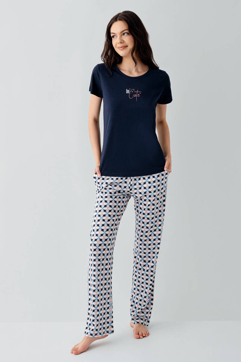Arnetta Kadın Pamuklu Bisiklet Yaka Baskılı Yazlık Regular Fit Lacivert Pijama Takımı AR3555-S-V2 - 2