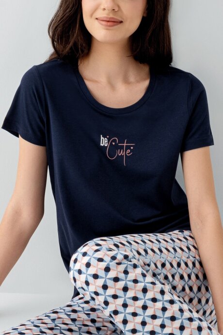 Arnetta Kadın Pamuklu Bisiklet Yaka Baskılı Yazlık Regular Fit Lacivert Pijama Takımı AR3555-S-V2 - 3