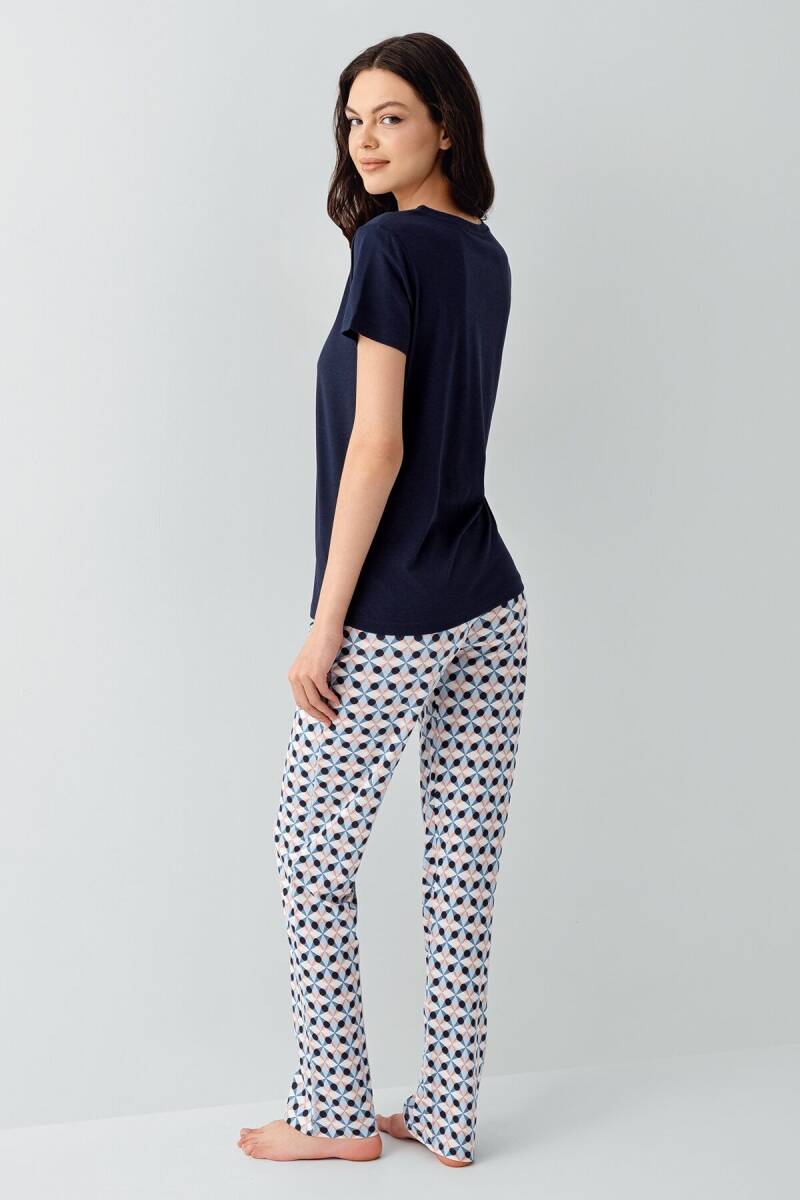 Arnetta Kadın Pamuklu Bisiklet Yaka Baskılı Yazlık Regular Fit Lacivert Pijama Takımı AR3555-S-V2 - 4