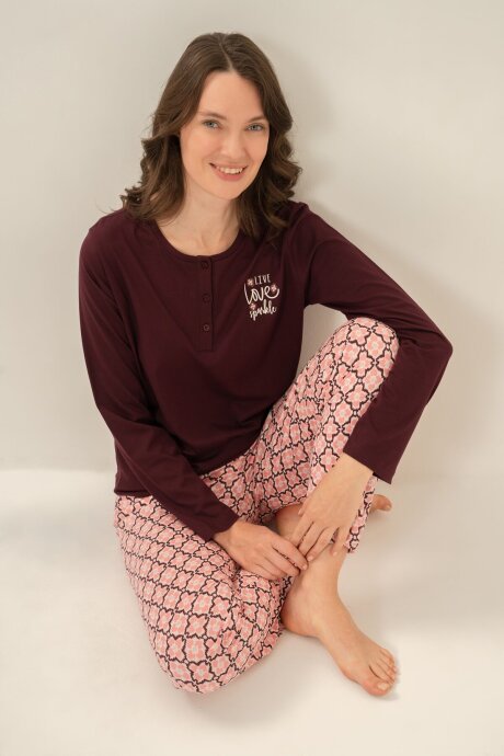 Arnetta Kadın Pamuklu Live Love Sparkle Mor Uzun Kol Pijama Takım AR3760-S-V1