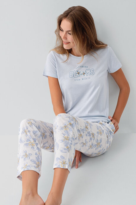 Arnetta Kadın Bisiklet Yaka Baskılı Yazlık Regular Fit Mavi Pijama Takımı AR3622-S-V2