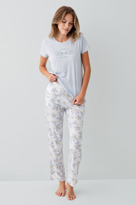 Arnetta Kadın Bisiklet Yaka Baskılı Yazlık Regular Fit Mavi Pijama Takımı AR3622-S-V2 (1)