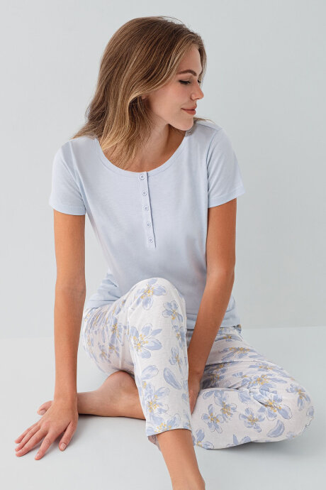 Arnetta Kadın Bisiklet Yaka Baskılı Yazlık Regular Fit Mavi Pijama Takımı AR3624-S-V2