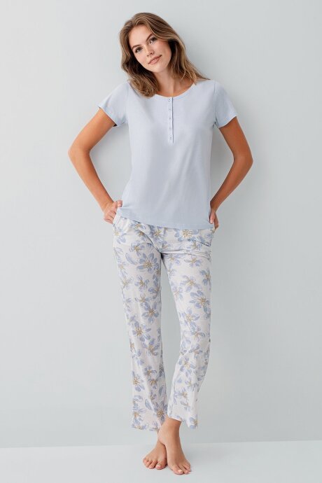 Arnetta Kadın Bisiklet Yaka Baskılı Yazlık Regular Fit Mavi Pijama Takımı AR3624-S-V2 (1)