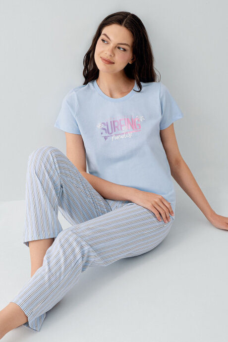 Arnetta Kadın Bisiklet Yaka Baskılı Yazlık Regular Fit Mavi Pijama Takımı AR3598-S-V1