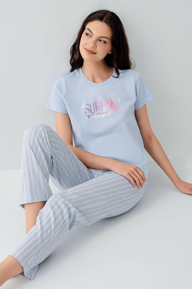 Arnetta Kadın Bisiklet Yaka Baskılı Yazlık Regular Fit Mavi Pijama Takımı AR3598-S-V1 - 1
