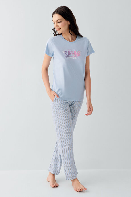 Arnetta Kadın Bisiklet Yaka Baskılı Yazlık Regular Fit Mavi Pijama Takımı AR3598-S-V1 (1)