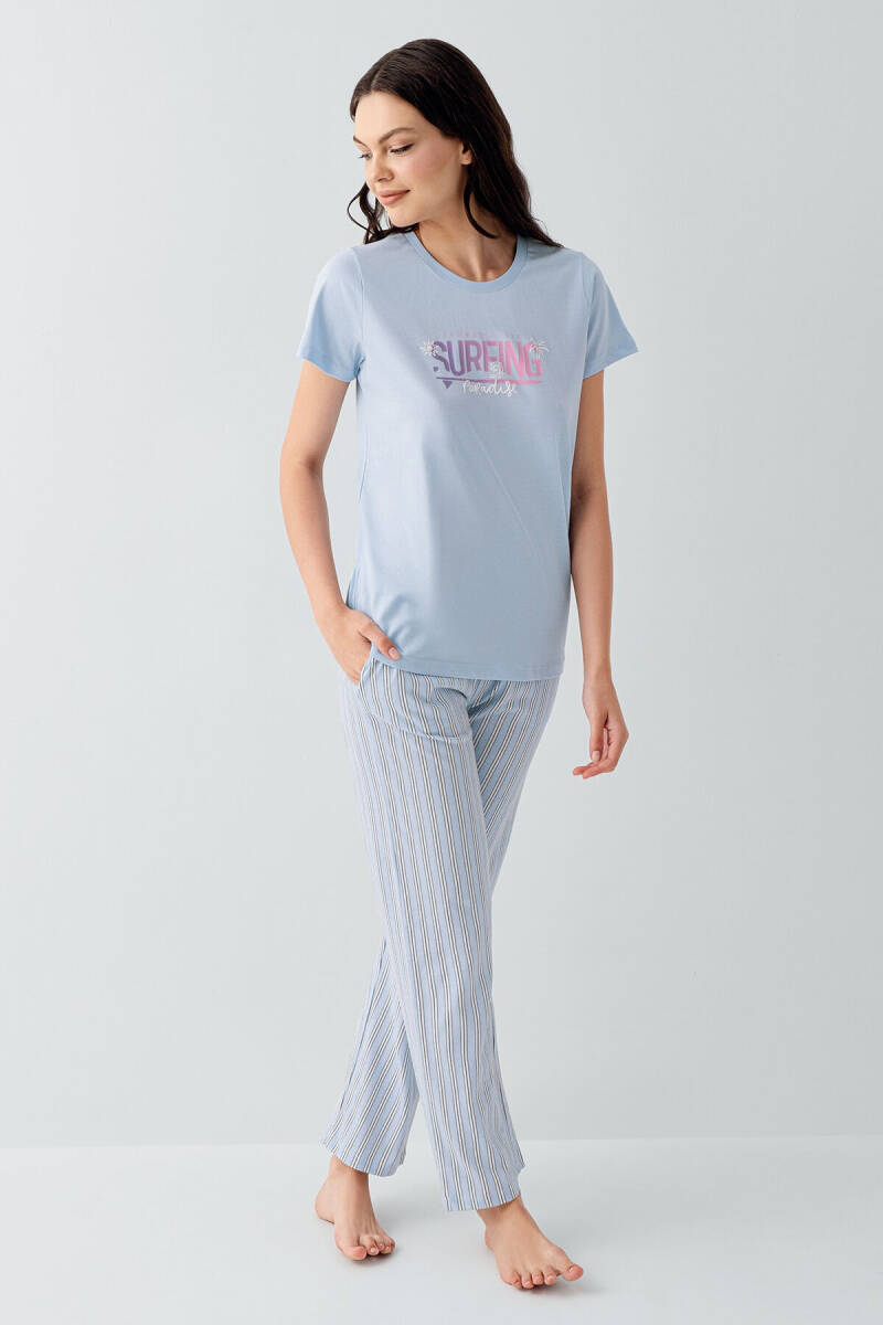 Arnetta Kadın Bisiklet Yaka Baskılı Yazlık Regular Fit Mavi Pijama Takımı AR3598-S-V1 - 2
