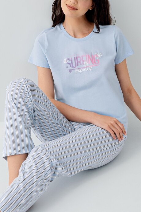 Arnetta Kadın Bisiklet Yaka Baskılı Yazlık Regular Fit Mavi Pijama Takımı AR3598-S-V1 - 3