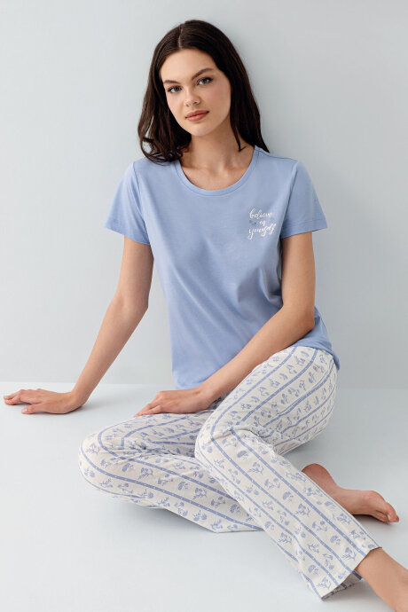 Arnetta Kadın Bisiklet Yaka Baskılı Yazlık Regular Fit Mavi Pijama Takımı AR3617-S-V1