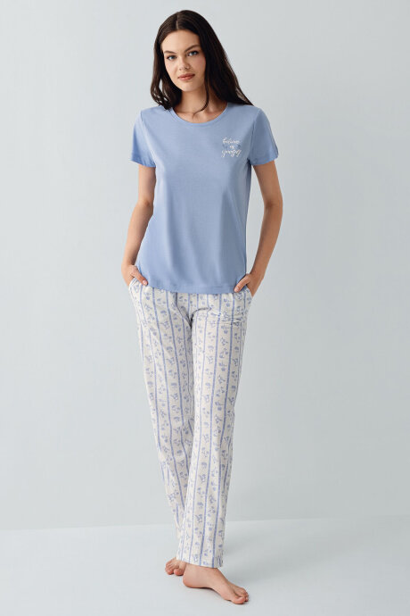 Arnetta Kadın Bisiklet Yaka Baskılı Yazlık Regular Fit Mavi Pijama Takımı AR3617-S-V1 (1)