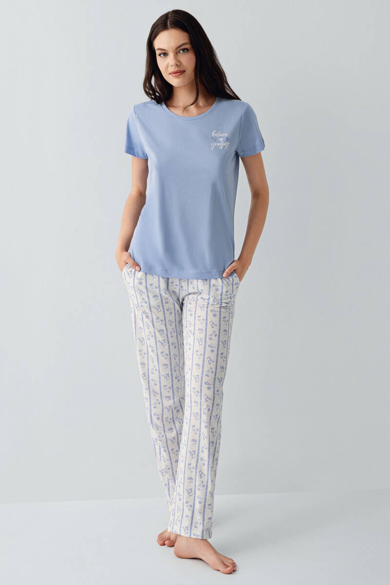 Arnetta Kadın Pamuklu Bisiklet Yaka Baskılı Yazlık Regular Fit Mavi Pijama Takımı AR3617-S-V1 - 2