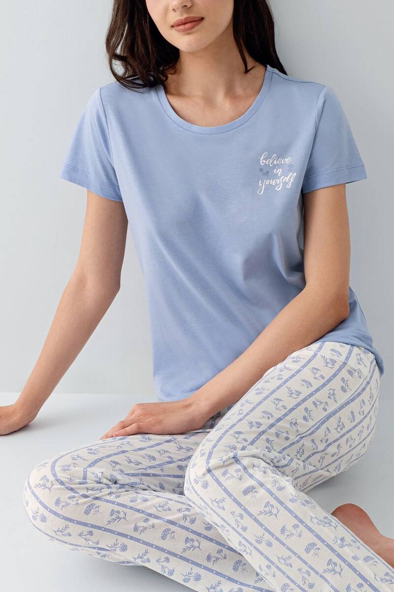 Arnetta Kadın Pamuklu Bisiklet Yaka Baskılı Yazlık Regular Fit Mavi Pijama Takımı AR3617-S-V1 - 3