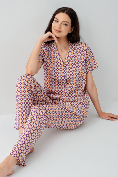 Arnetta Kadın Gömlek Yaka Baskılı Yazlık Regular Fit Mor Pijama Takımı AR3562-S-V1