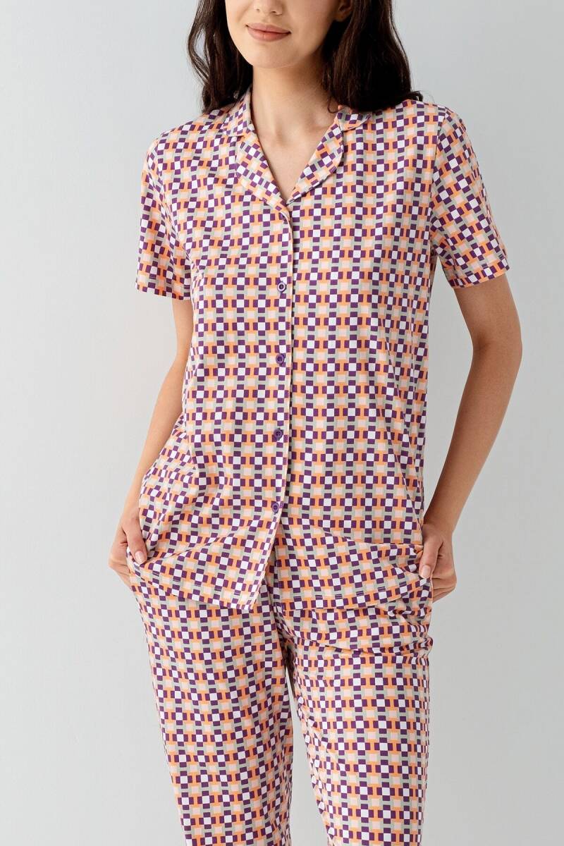 Arnetta Kadın Gömlek Yaka Baskılı Yazlık Regular Fit Mor Pijama Takımı AR3562-S-V1 - 3