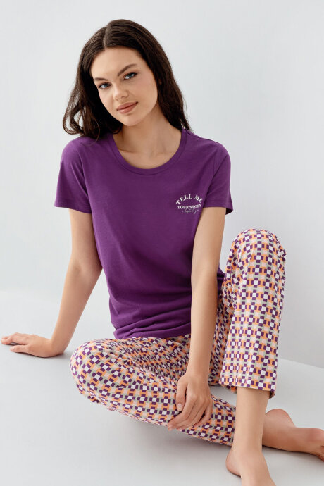 Arnetta Kadın Bisiklet Yaka Baskılı Yazlık Regular Fit Mor Pijama Takımı AR3561-S-V1
