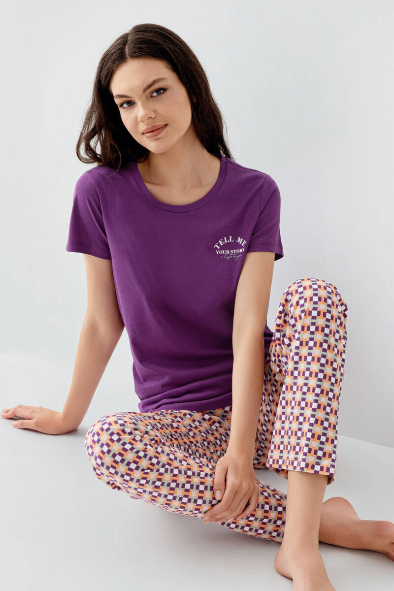 Arnetta Kadın Pamuklu Bisiklet Yaka Baskılı Yazlık Regular Fit Mor Pijama Takımı AR3561-S-V1 - 1