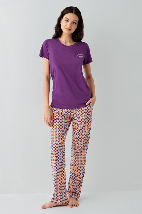 Arnetta Kadın Bisiklet Yaka Baskılı Yazlık Regular Fit Mor Pijama Takımı AR3561-S-V1 (1)