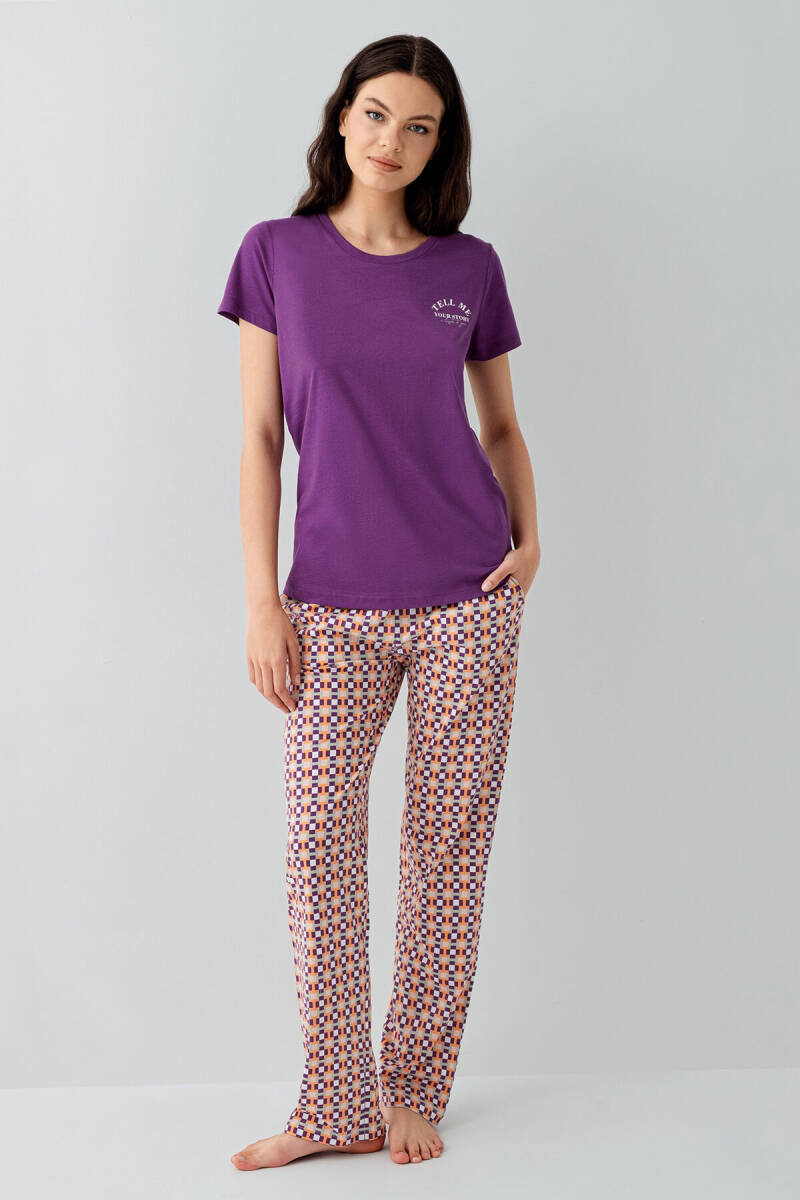 Arnetta Kadın Pamuklu Bisiklet Yaka Baskılı Yazlık Regular Fit Mor Pijama Takımı AR3561-S-V1 - 2