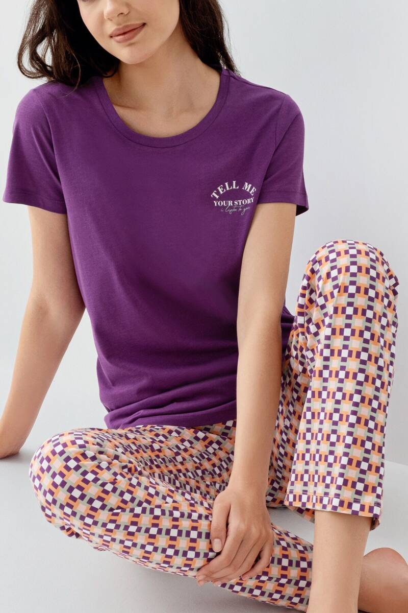 Arnetta Kadın Pamuklu Bisiklet Yaka Baskılı Yazlık Regular Fit Mor Pijama Takımı AR3561-S-V1 - 3