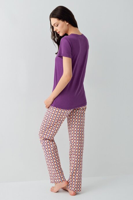 Arnetta Kadın Pamuklu Bisiklet Yaka Baskılı Yazlık Regular Fit Mor Pijama Takımı AR3561-S-V1 - 4