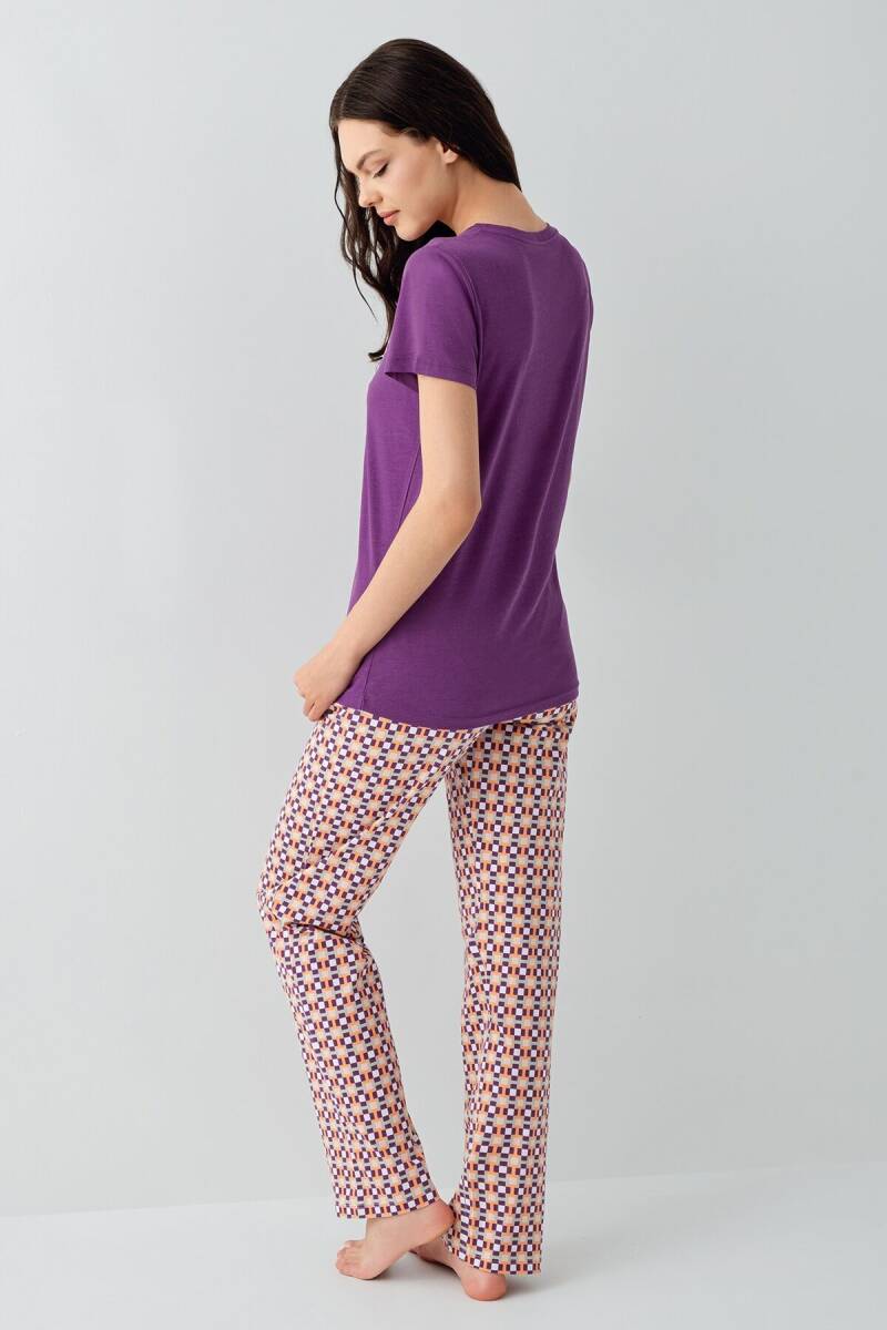 Arnetta Kadın Pamuklu Bisiklet Yaka Baskılı Yazlık Regular Fit Mor Pijama Takımı AR3561-S-V1 - 4
