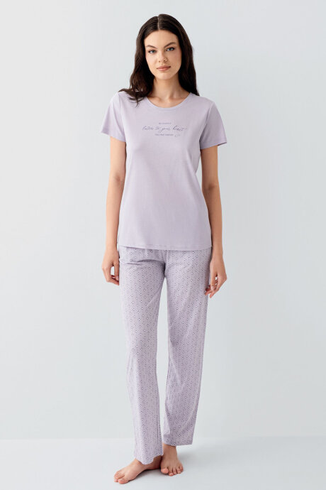 Arnetta Kadın Bisiklet Yaka Baskılı Yazlık Regular Fit Mor Pijama Takımı AR3550-S-V1 (1)