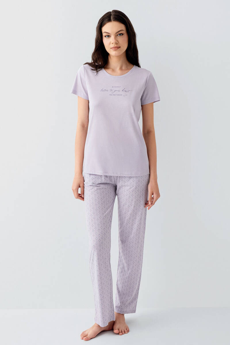 Arnetta Kadın Pamuklu Bisiklet Yaka Baskılı Yazlık Regular Fit Mor Pijama Takımı AR3550-S-V1 - 2