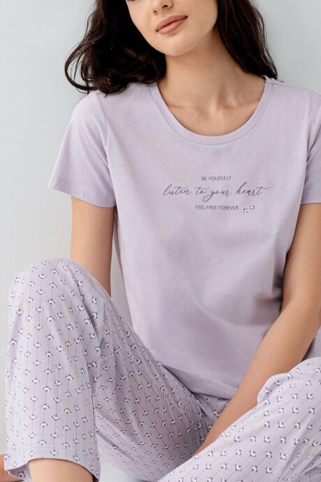 Arnetta Kadın Pamuklu Bisiklet Yaka Baskılı Yazlık Regular Fit Mor Pijama Takımı AR3550-S-V1 - 3